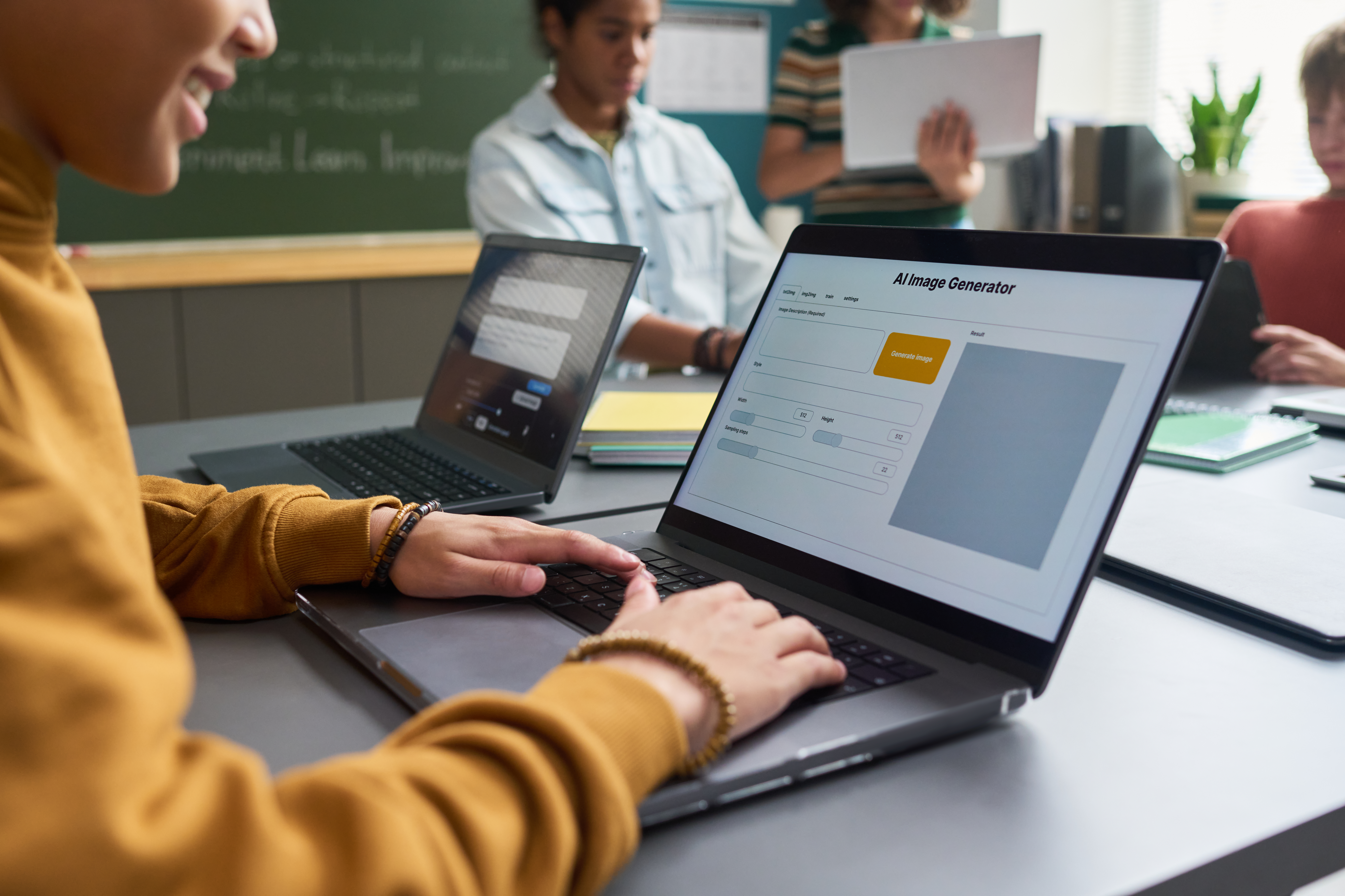 Teenager using laptop with AI image generator interface while sitting at desk in classroom, multiethnic group of teenagers collaborating in background with digital devices